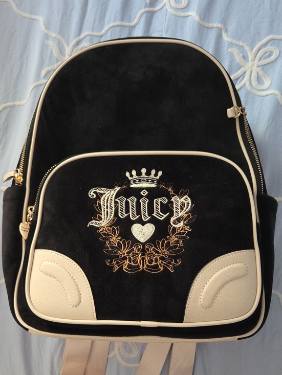 Juicy Couture Handbags - Juicy Couture Black Velvet Backpack with Cream Trim W/ Small Wallet And Pouch